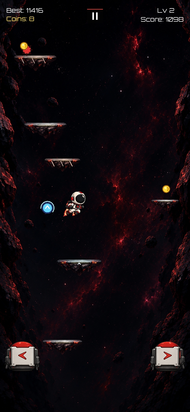 Void Hop astronaut navigating a power-up, coin, and mine